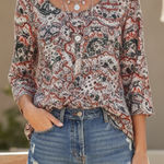 The Limited NWT  Mosaic Abstract Print Ruffle V Back 3/4 Sleeve Blouse Top Boho S Photo 0