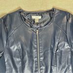 Christopher & Banks  | Navy Zip-Up Faux Leather Floral Embroidered Jacket | PXL Photo 3