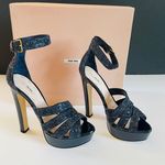 Miu Miu Patent Leather Glitter Accents Platform Sandals Blue Sz 10/40 Brand New Photo 1