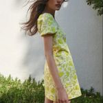 ZARA Jacquard Knit Floral Puff Sleeve Mini Dress Citrus Yellow Green Size S Photo 2