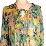 Sundance Cream Pink Teal Yellow Abstract Print Ruffle Front Silk Blouse Large‎ Photo 1