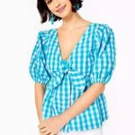 Lilly Pulitzer SARAFINA BLUE GINGHAM CHECK BABYDOLL SHORT PUFF SLEEVE SMOCK TOP Photo 3