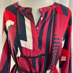 Loft  Plum Navy Red White Geometric Printed Long Sleeve Shift Shirt Dress Photo 4