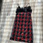 Black & Red festive holiday diamond sequins mini dress with faux fur trim small Photo 1