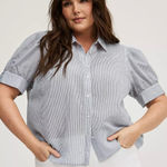 Torrid  Rhinestone Button Up Stripe Top Blue Puff Sleeve Size 2X Photo 0