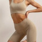 Two Piece Lounge Gym Workout Athletic Set Biker Shorts Sports Bra Brown Photo 0