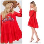 Free People Sunbeams Mini Dress Off the Shoulder Smocked Embroidered Red XS New Photo 16