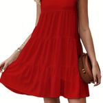 Red Solid Ruffle Trim Dress, Elegant Crew Neck Dress Size M Photo 1