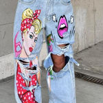 Distressed Graphic Jeans Ripped Mom Jeans High Waist Denim Pants L Blue Size 12 Photo 0