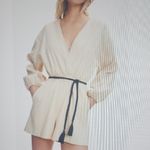 Maje  Ibioli Belted Beige Pinstriped Romper Neutral Chic Balloon Sleeve Size 34 Photo 2