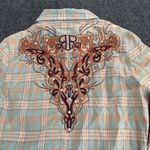 Roar Women's Embroidered Blue Orange Button Up Plaid Western Shirt – Size Medium Photo 7