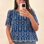 ZARA  Royal Blue boho Embroidered Puff Sleeve Top Scalloped Hem blouse cotton S Photo 0