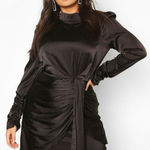 Boohoo Plus High Neck Ruched Detail Satin Mini Dress, Black, Size 18 Black Photo 0