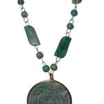 Nephrite Jade Green Beaded Chain Carved Sun God Pendent Vintage Necklace Photo 0