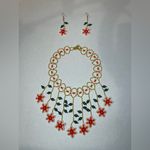 Handmade Floral Beaded Necklace and Earring Set Red Photo 1