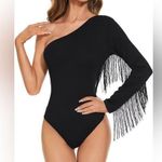Women's Fringe Trim One Shoulder Long Sleeve Bodysuit Bodycon Leotard. (178) Black Size M Photo 0