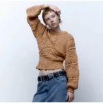 ZARA Wool Brown Chunky Crochet 3D Open Knit Balloon Sleeve Pullover Sweater sz S Photo 3