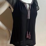 White House | Black Market Black Cap Sleeve Blouse with Tie Front Photo 0