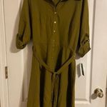 Sharagano NWT  Spanish Olive Button Front Tiered Pleated Dress Sz 16 Roll Sleeve Photo 0