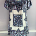 INC purple and blue paisley medallion print silk tunic blouse with puff sleeves Size 10 Photo 0