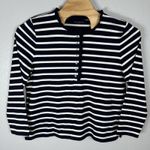 Talbots  Sz XL Navy Blue White Striped Cotton 1/2 Button Ruffle Neck Long Sleeve Photo 0
