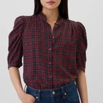 Gap NEW flannel Plaid buttons down shirt top Puff Sleeve Red and Blue XSMALL Photo 10