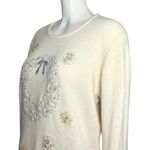 Vintage Y2K Christmas Beaded Cream Lambswool Angora Sweater Wreath Wool Medium White Photo 6