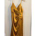 Mac Duggal  Draped Satin Slit Gown Size 12 Marigold Platinum Ruched 26585‎ Photo 3