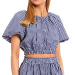 Antonio Melani Womens Gingham Wendy Puff Sleeve Crop Top Blue White Small Photo 0
