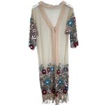 Sheer Embroidered Floral Kimono Duster S Cardigan Boho Crochet Trim Fringe Hem Tan Photo 1