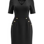 Trina Turk  Valentina Short Sleeve Sheath Dress Black Gold Button Detail Size 6 Photo 0