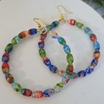 Millefiori Art Glass Oval Bead Hoop Earrings Green Photo 1