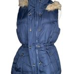Faded Glory  Puffer Vest Womens Blue Faux Fur Trim Removable Hood Cinched Waist S Photo 1