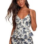En Saison A Sight To See Peplum Midi Dress Womens L Navy Blue Floral Jacquard White Size L Photo 5