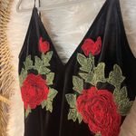Black Velvet Bodycon V Neck Spaghetti Strap Dress w Red Floral Embroidery 🌹Goth Photo 3