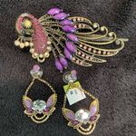 Peacock Gold and Purple Rhinestone Hairpin/Clip with matching earrings Photo 9