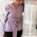 Ann Mashburn  Gingham Long‎ Bell Sleeves Wrap Blouse Size XS Photo 7