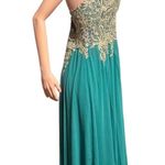 Chica teal green gold embroidery spaghetti straps lace up maxi dress XL Photo 2