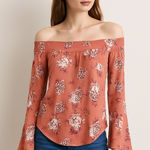 Ultra Flirt NEW Coral Floral Off Shoulder Peasant Sleeve Blouse Top Size M Photo 0