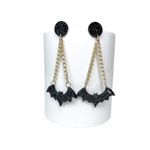 Halloween Spooky Black Acrylic Bat Dangle Gold Chain Earrings Photo 1