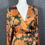 Fate Floral Satin Wrap Long Sleeve Orange Green Midi Small Dress Photo 1