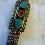 Vintage Native American Silver Hand Made Turquoise Coral Beaded Bracelet RARE Blue Photo 4