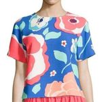 Kate Spade NWOT  Blue Cream Red Floral Print Short Sleeve Top Women's Size 0 Photo 0