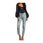 Lulus  Womens Chic Perspective Black Satin Tie-Front Puff Sleeve Top Size L Photo 2