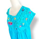 Vintage 90s Embroidered Turquoise Blue Pink Floral Folk Art Cotton Midi Dress Photo 3