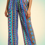 Boho Festival Geometric Print Wide Leg Rayon Pants Rashi Multicolor Blue Size M Photo 0