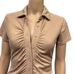 Lyaner Tan Ruched Bodycon Ribbed V Neck Button Front Short Sleeve Mini Dress M Size M Photo 3