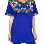 Vintage Blue Mexican Colorful Embroidered Floral Bird Tee Shirt Size M Photo 0