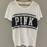PINK - Victoria's Secret PINK Victoria’s Secret White Black Sequin Bling Short Sleeve T-Shirt Size Large Photo 0