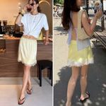 Vintage Butter Yellow White Lace Half Slip Nylon Side Slit Mini Skirt Medium Photo 1